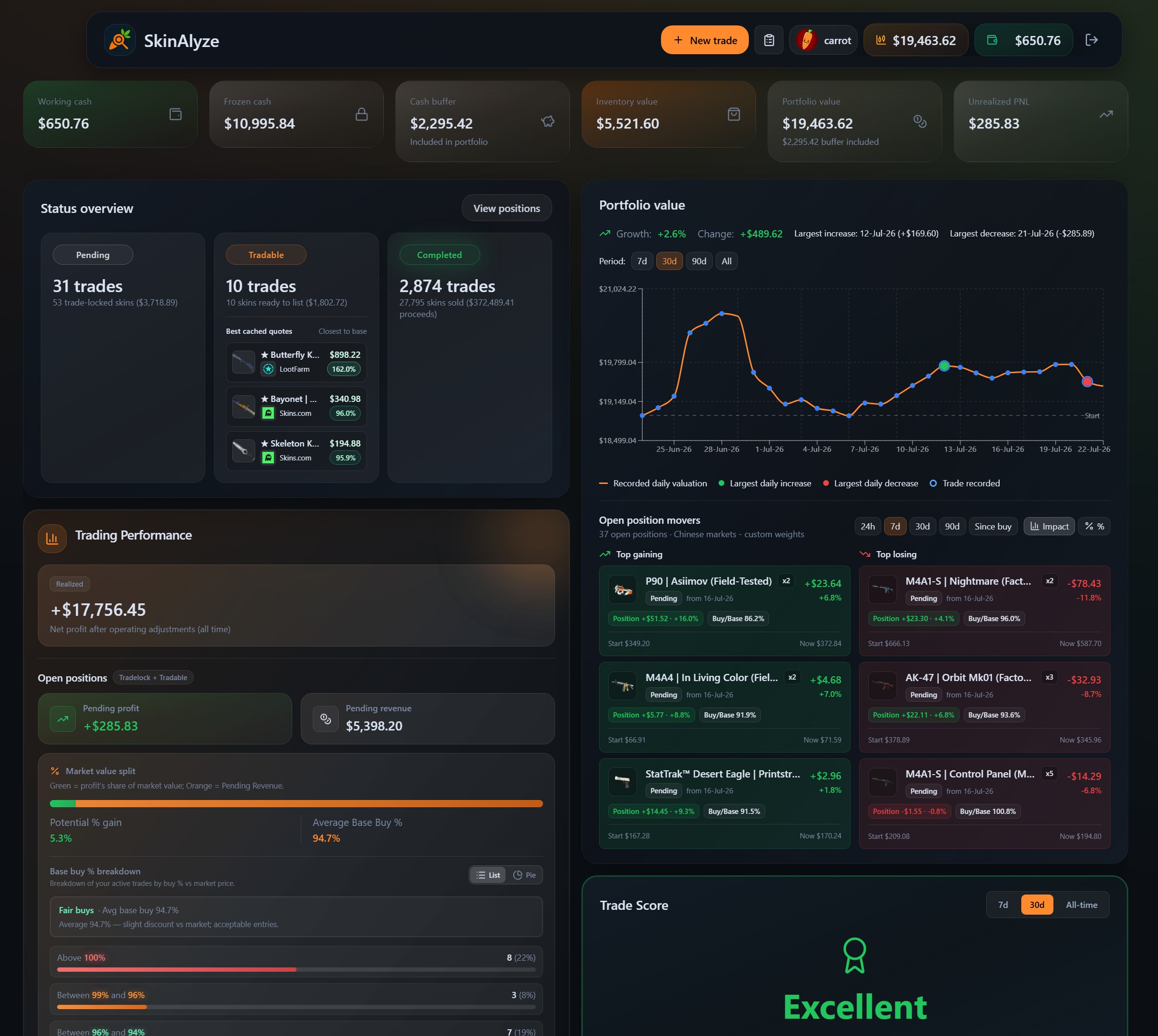SkinAlyze trading dashboard showing balances, positions, portfolio performance, and profit